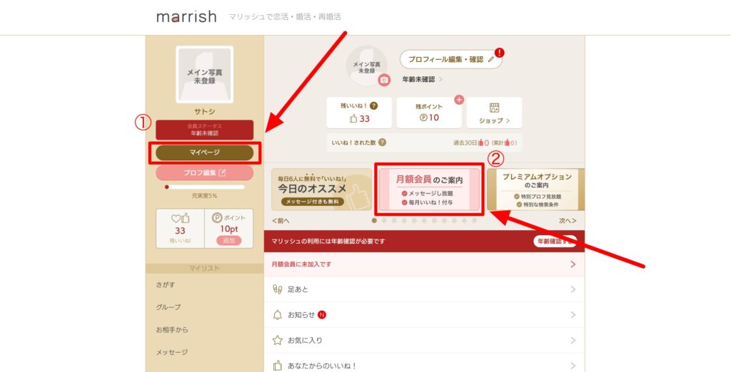マリッシュ PC プロフィール画面