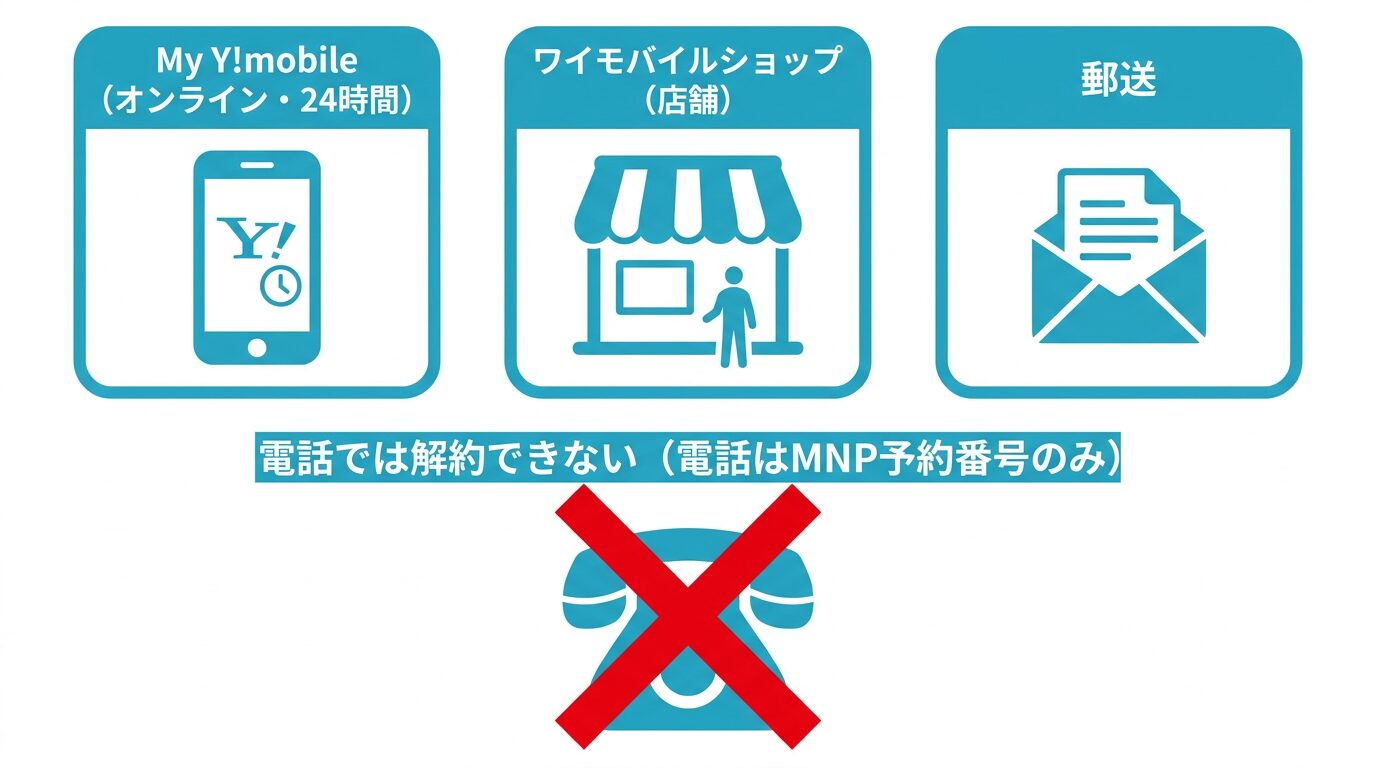 ワイモバイルの解約方法3チャネル（オンライン・店舗・郵送）と電話不可を示す図解